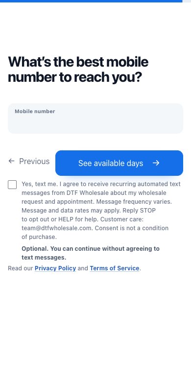 Texas DTF Wholesale mobile-number step showing an unchecked optional SMS checkbox and the appointment disclosure